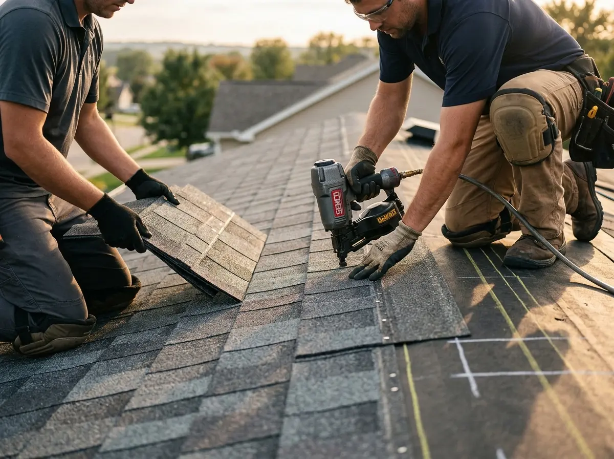 Professional roofer working on a residential roof in Dunlap